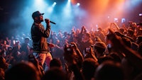 a man on stage with a microphone in front of a crowd